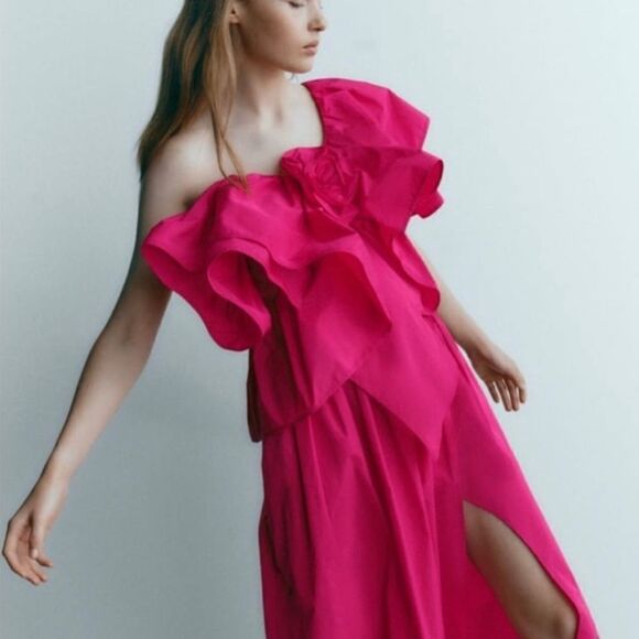 ZARA WOMEN ASYMMETRIC RUFFLED TOP FUCHSIA FLOWER VOLUMINOUS, SIZE S - Picture 7 of 11